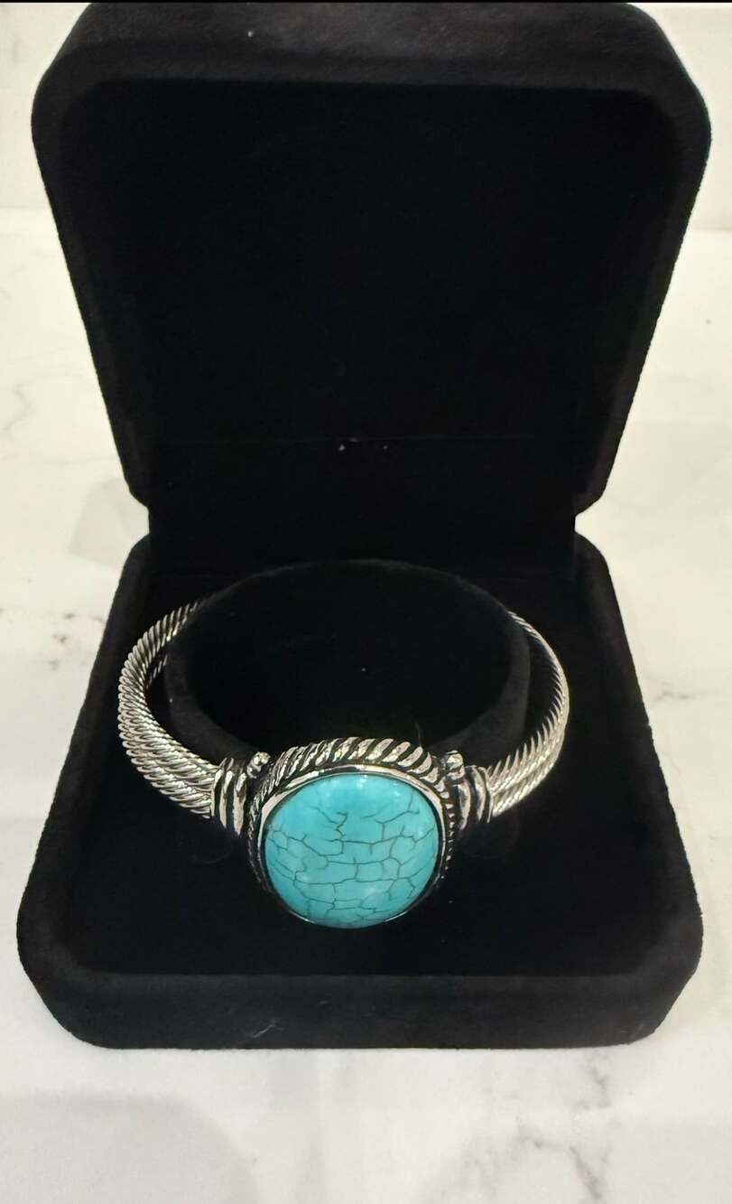 Cuff Bracelet Silver Tone W/ Large Center Round Turquoise Costume Jewelry